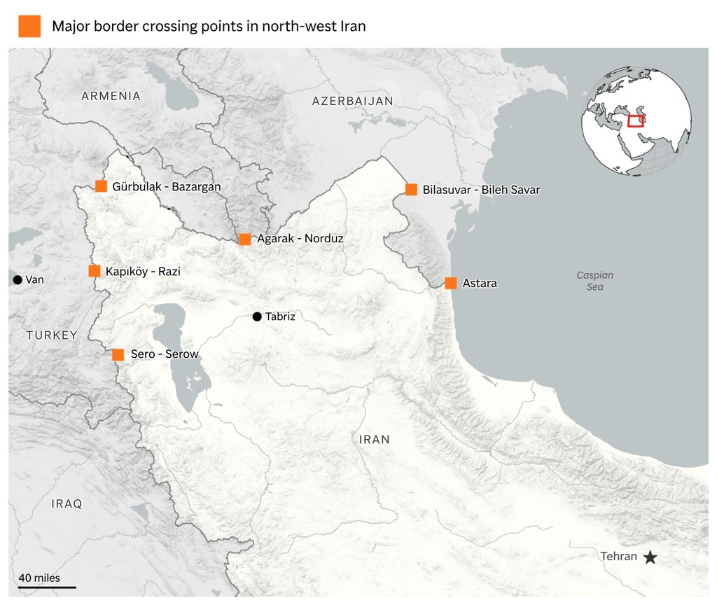 A map showing the major border crossings in north-west Iran. (AP Digital Embed)