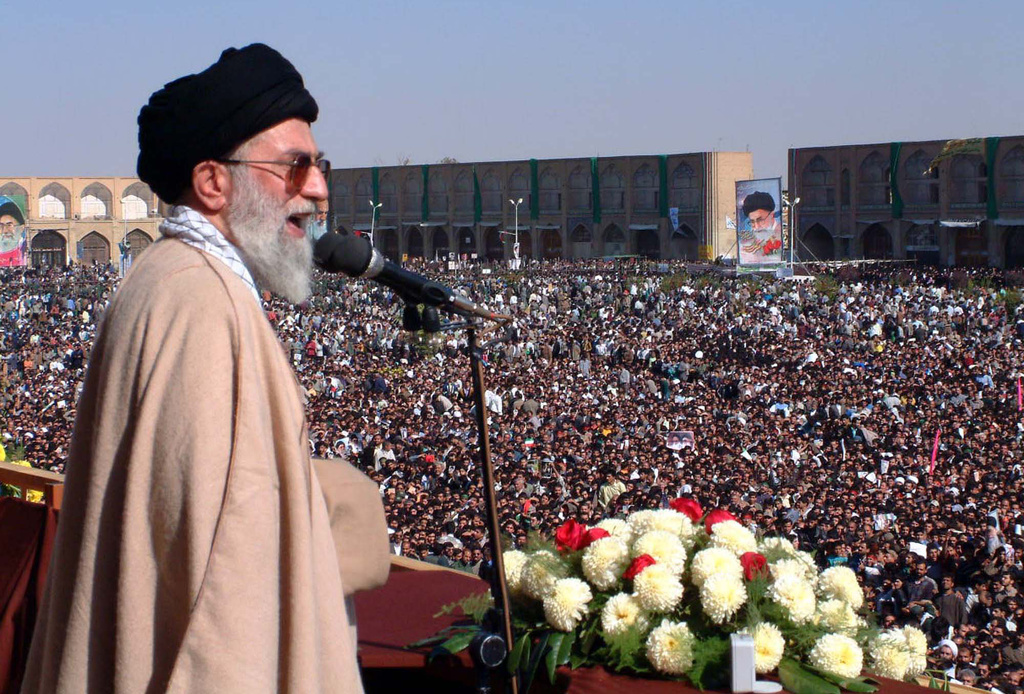 FILE - Ayatollah Ali Khamenei, then Iran's supreme leader, addresses thousands gathered at Imam Square in Isfahan, Iran, Oct. 30, 2001. (AP Photo, File)