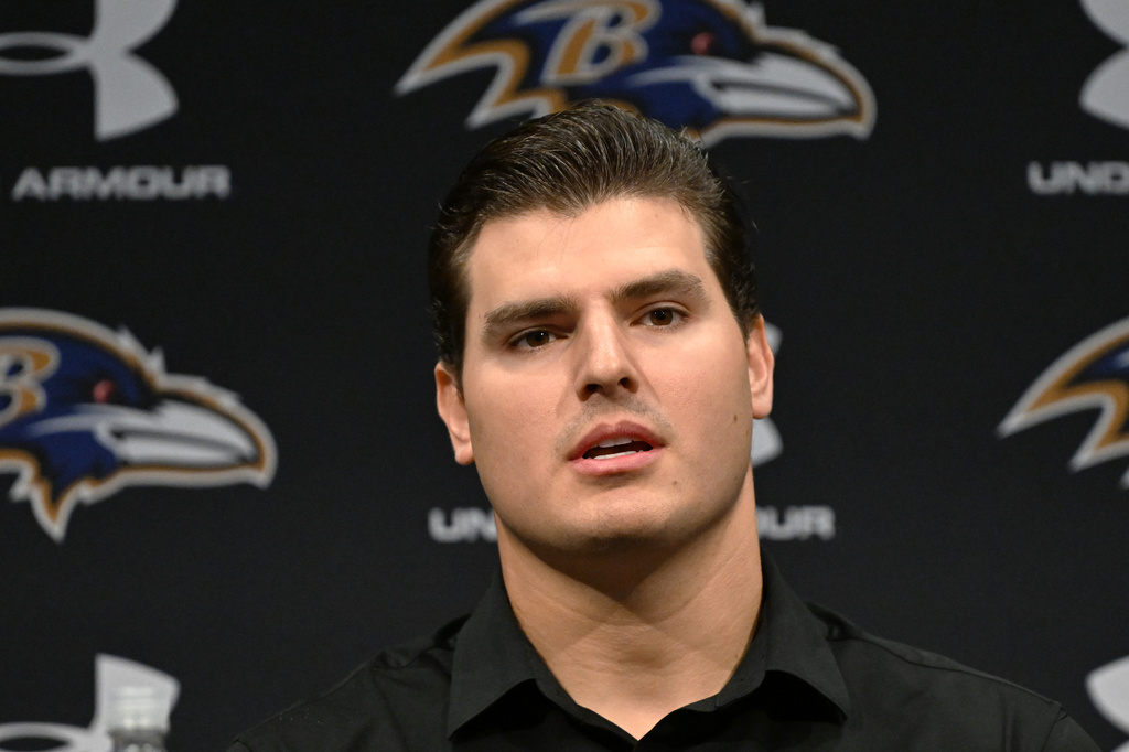Baltimore Ravens defensive end Trey Hendrickson speaks during an introductory NFL football press conference Friday, March 13, 2026, in Owings Mills, Md. (AP Photo/Gail Burton)