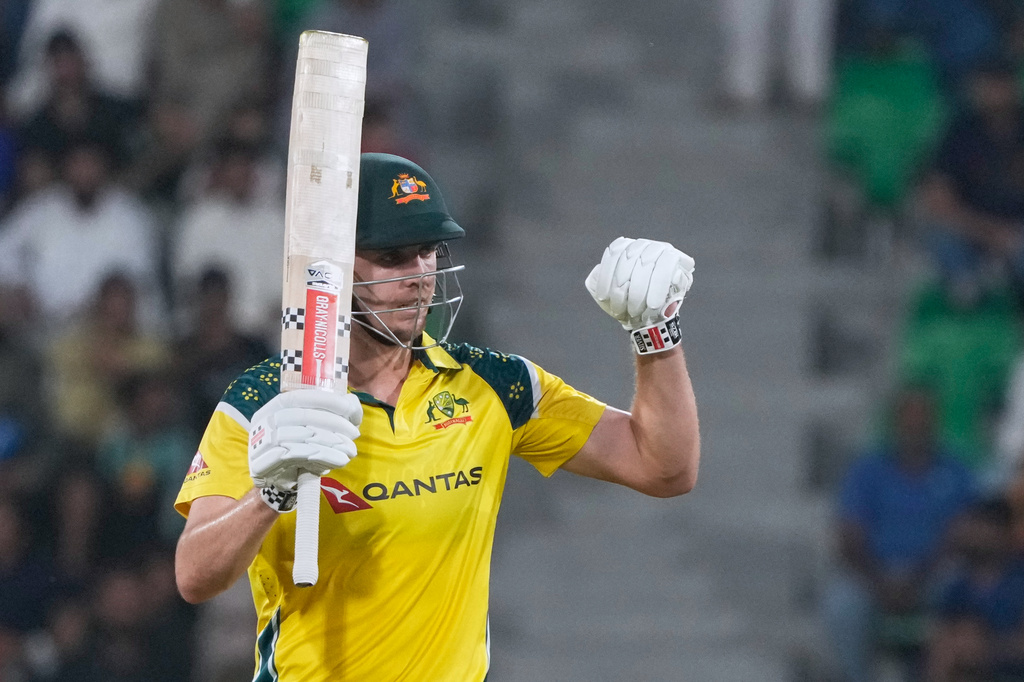 Australia's Cameron Green celebrates after scoring fifty runs during the second one-day international cricket match between Pakistan and Australia, in Lahore, Pakistan, Tuesday, June 2, 2026. (AP Photo/K.M. Chaudary)