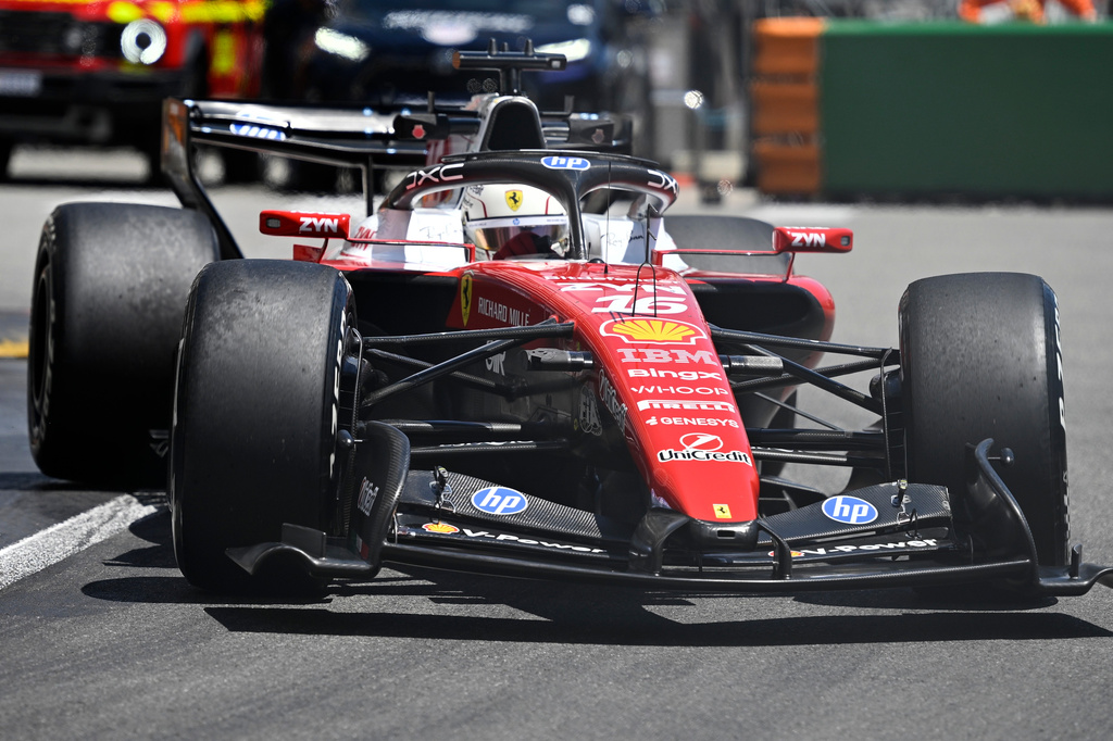 Ferrari driver Charles Leclerc of Monaco steers his car during the first free Formula One practice at the Monaco racetrack, in Monaco, Friday, June 5, 2026. (AP Photo/Philippe Magoni)