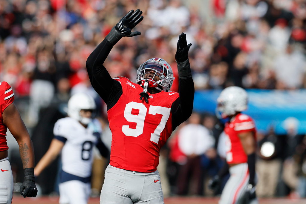 Ohio State defensive lineman Kenyatta Jackson celebrates a sack against Penn State during the second half of an NCAA college football game, Saturday, Nov. 1, 2025, in Columbus, Ohio. (AP Photo/Jay LaPrete)