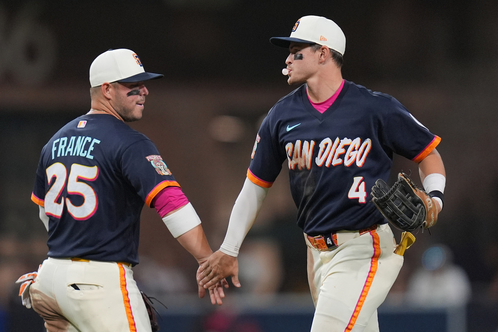 San Diego Padres left fielder Jase Bowen, right, celebrates with teammate first baseman Ty France after the Padres defeated the San Francisco Giants 7-0 in a baseball game Friday, July 31, 2026, in San Diego. (AP Photo/Gregory Bull)