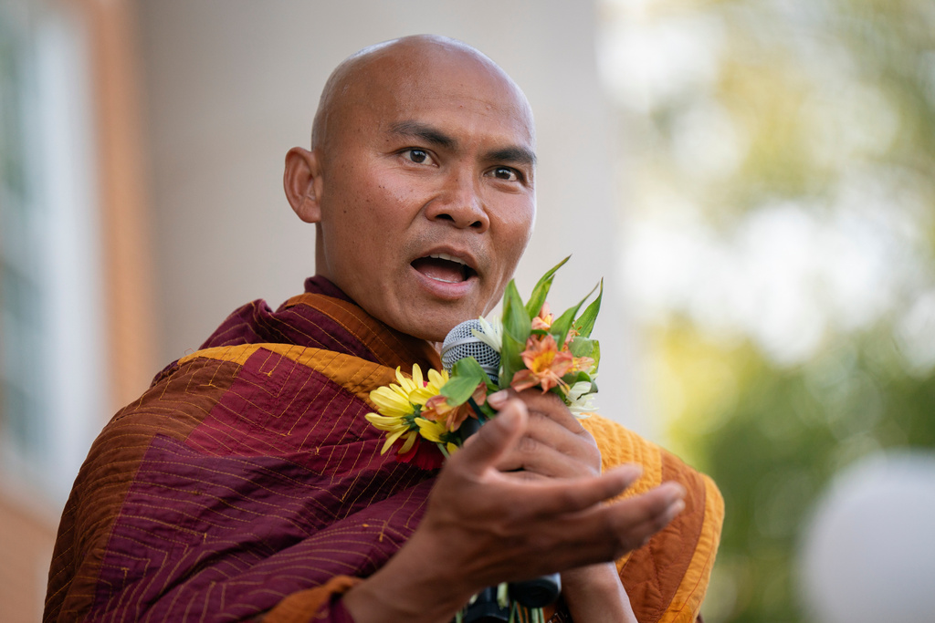 Bhikkhu Pannakara, a spiritual leader, speaks to supporters during the, "Walk For Peace," Thursday, Jan. 8, 2026, in Saluda, S.C. (AP Photo/Allison Joyce)