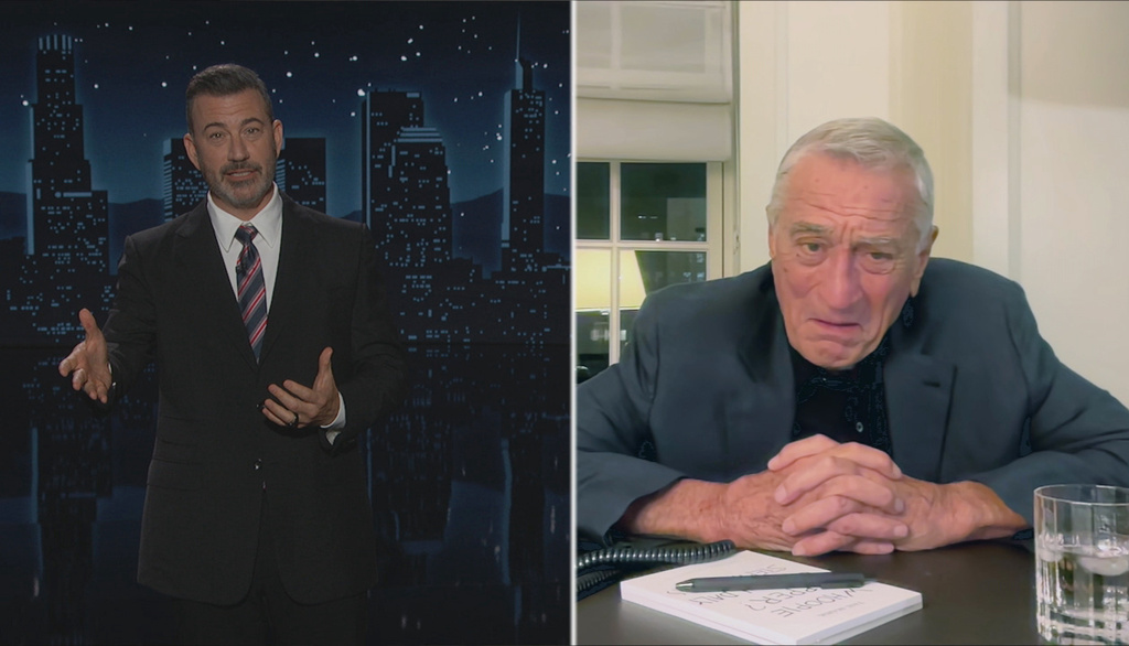 This split screen image released by Disney shows host Jimmy Kimmel, left, and Robert De Niro on "Jimmy Kimmel Live!" in Los Angeles on Tuesday, Sept. 23, 2025. (Disney via AP)