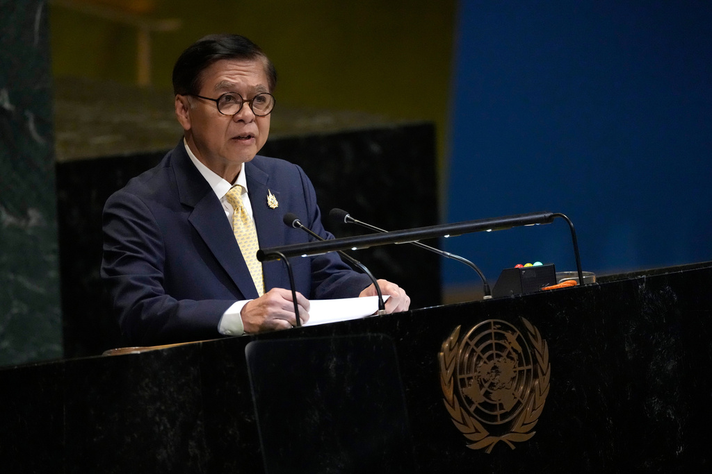 Minister for Foreign Affairs of Thailand Sihasak Phuangketkeow addresses the 80th session of the United Nations General Assembly, Saturday, Sept. 27, 2025, at U.N. headquarters. (AP Photo/Pamela Smith)