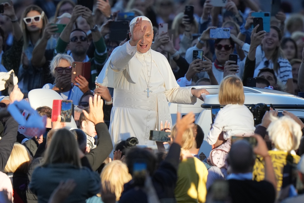 Pope Leo XIV greets pilgrims from Croatia in St. Peter's Square at the Vatican, Tuesday, Oct. 7, 2025. (AP Photo/Andrew Medichini)