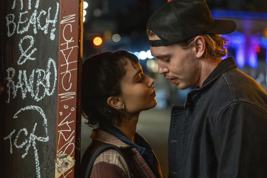 This image released by Sony Pictures Entertainment shows Zoë Kravitz, left, and Austin Butler in a scene from "Caught Stealing." (Niko Tavernise/Sony Pictures Entertainment via AP)