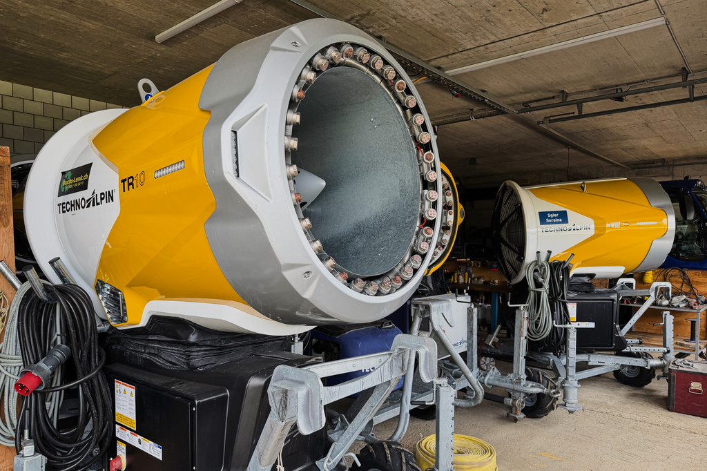 Snow cannons are stored during the summer months at the Adelboden-Lenk ski resort facility in the Lenk valley, Switzerland, Monday, Aug. 3, 2026. (AP Photo/Hernan Munoz)