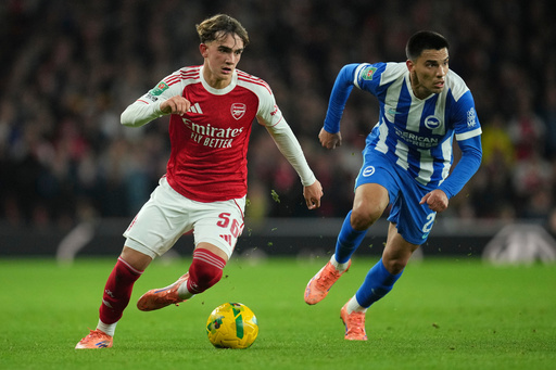 Arsenal's Max Dowman, left, is in action during the English League Cup soccer match between Arsenal and Brighton & Hove Albion in London, Wednesday, Oct. 29, 2025. (AP Photo/Kin Cheung) Arsenal's Max Dowman, left, is in action during the English League Cup soccer match between Arsenal and Brighton & Hove Albion in London, Wednesday, Oct. 29, 2025. (AP Photo/Kin Cheung)