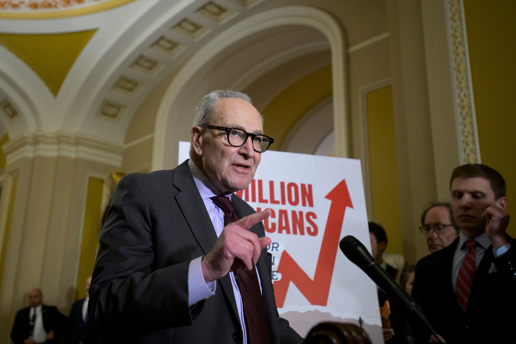Senate Minority Leader Chuck Schumer, D-N.Y., speaks during the Senate Democrat policy luncheon news conference at the Capitol, Tuesday, Dec. 2, 2025, in Washington. (AP Photo/Rod Lamkey, Jr.)