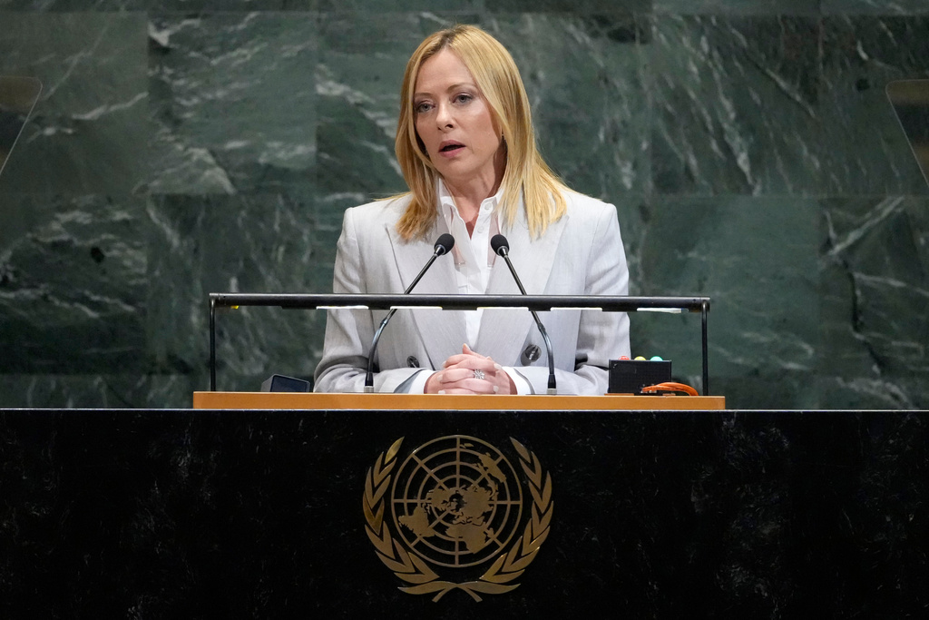 FILE - Prime Minister of Italy Giorgia Meloni addresses the 80th session of the United Nations General Assembly, on Sept. 24, 2025, at U.N. headquarters. (AP Photo/Pamela Smith, File)