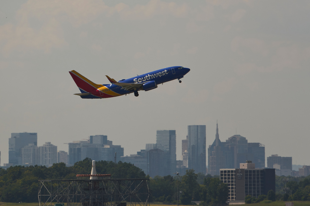 A Southwest jet takes off from the Nashville International Airport, Friday, Aug. 28, 2026, in Nashville, Tenn. (AP Photo/George Walker IV)