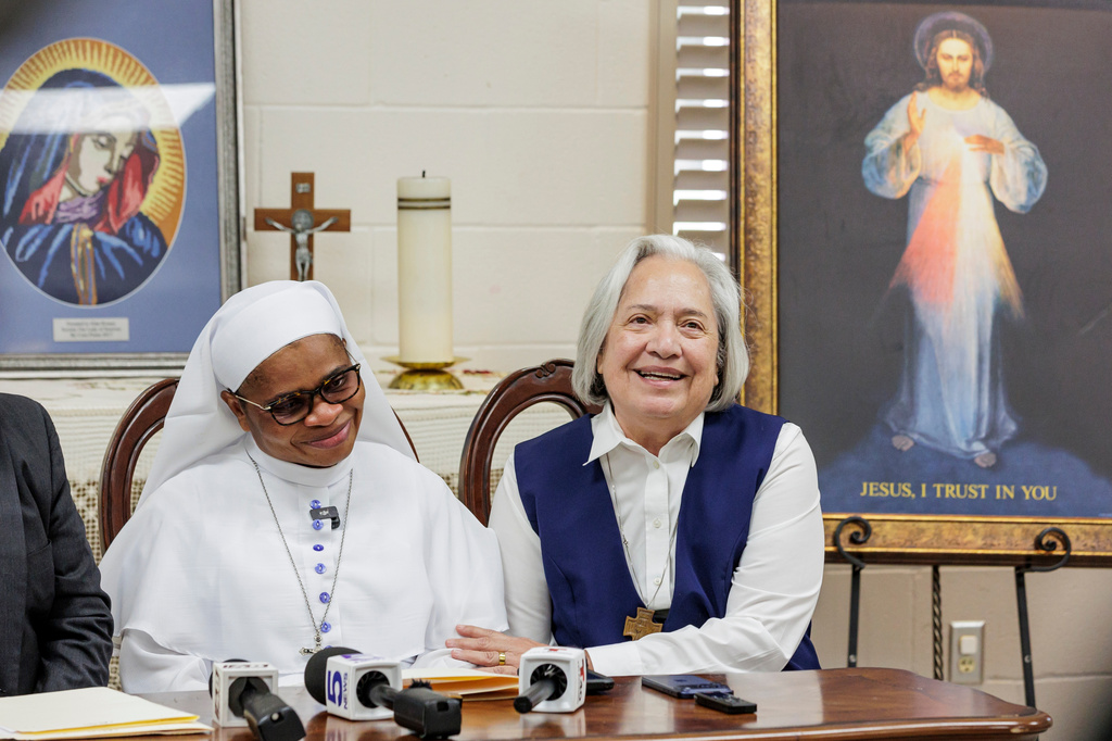 Sister Leticia "Letty" Ugboaja, left, accompanied by Executive Director of Catholic Charities of the Rio Grande Valley Sister Norma Pimentel attends a news conference at Our Lady of Sorrows Catholic Church on Thursday, July 23, 2026, in McAllen, Texas. (AP Photo/Michael Gonzalez)