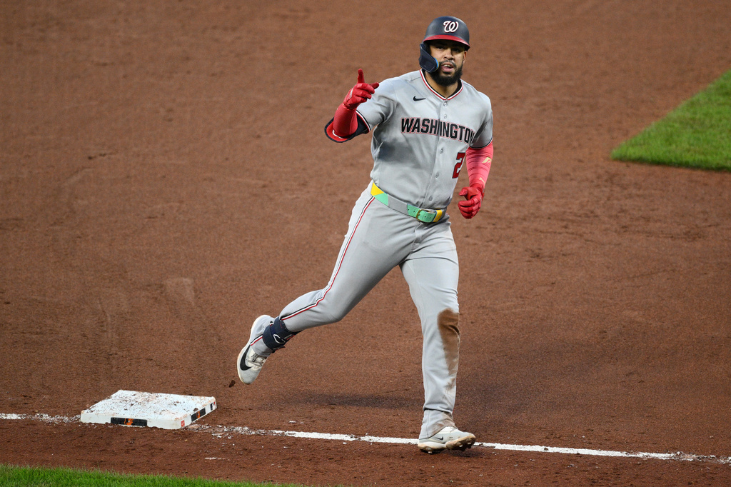 Washington Nationals' Luis Garcia Jr. celebrates as he rounds the bases after hitting a solo home run during the fifth inning of a baseball game against the Baltimore Orioles, Saturday, June 27, 2026, in Baltimore. (AP Photo/Nick Wass)