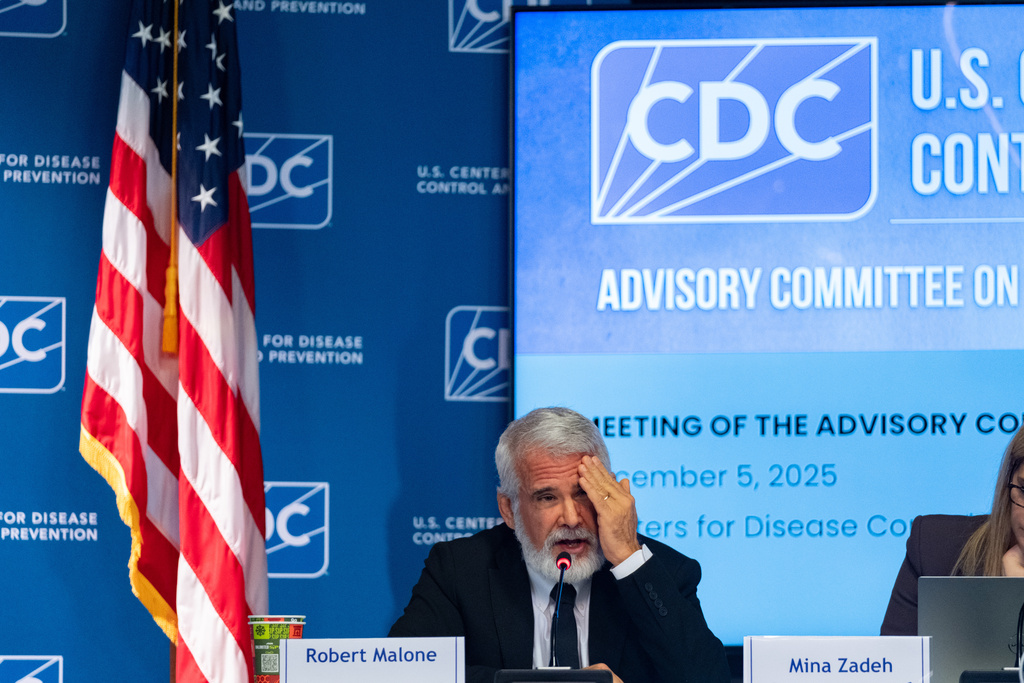Dr. Robert Malone chairs a meeting of the CDC Advisory Committee on Immunization Practices in Atlanta on Friday, Dec. 5, 2025 to consider changes in hepatitis B vaccine recommendations for infants. (AP Photo/Ben Gray)