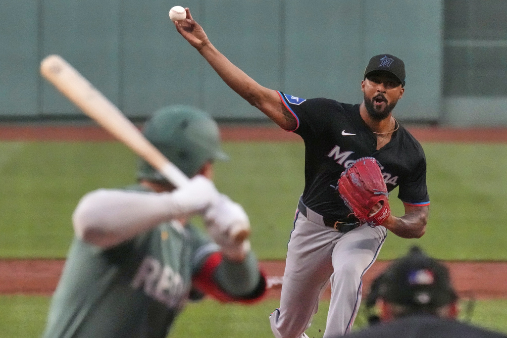 Miami Marlins pitcher Sandy Alcantara delivers during the first inning of a baseball game against the Boston Red Sox at Fenway Park, Friday, Aug. 15, 2025, in Boston. (AP Photo/Charles Krupa)