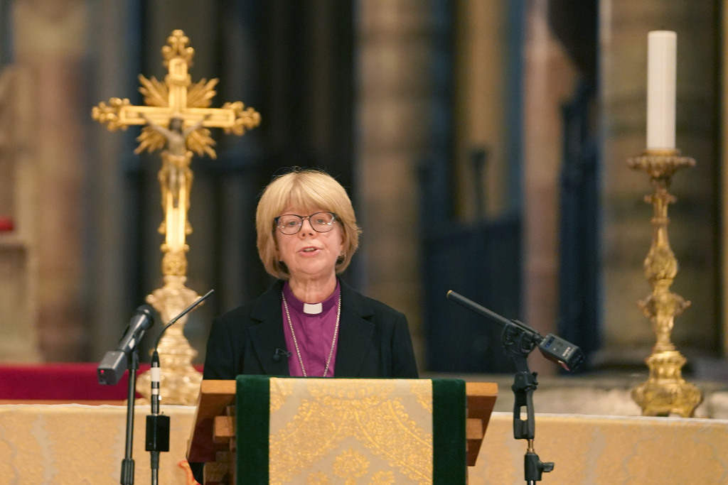 Sarah Mullally, the new Archbishop of Canterbury, spiritual leader of the world's 85 million Anglicans, speaks inside Canterbury Cathedral in Canterbury, England, Friday, Oct. 3, 2025. (AP Photo/Alberto Pezzali)