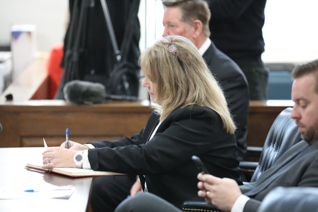 Former Colleton County Clerk of Court Mary Rebecca "Becky" Hill awaits a court hearing on Monday, Dec. 8, 2025, in St. Matthews, S.C. (AP Photo/Jeffrey Collins)