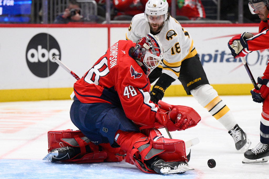 Washington Capitals goaltender Logan Thompson (48) battles for the puck against Boston Bruins center Pavel Zacha (18) during the second period of an NHL hockey game, Saturday, March 14, 2026, in Washington. (AP Photo/Nick Wass)