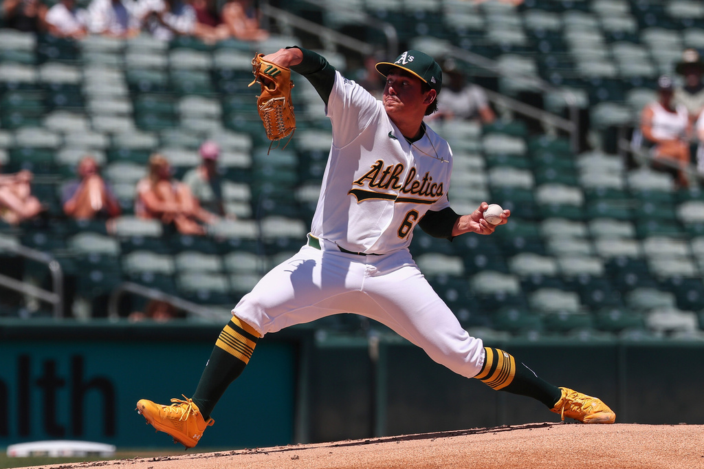 Athletics pitcher Gage Jump throws to the Detroit Tigers during the first inning of a baseball game Sunday, Aug. 2, 2026, in West Sacramento, Calif. (AP Photo/Sara Nevis)