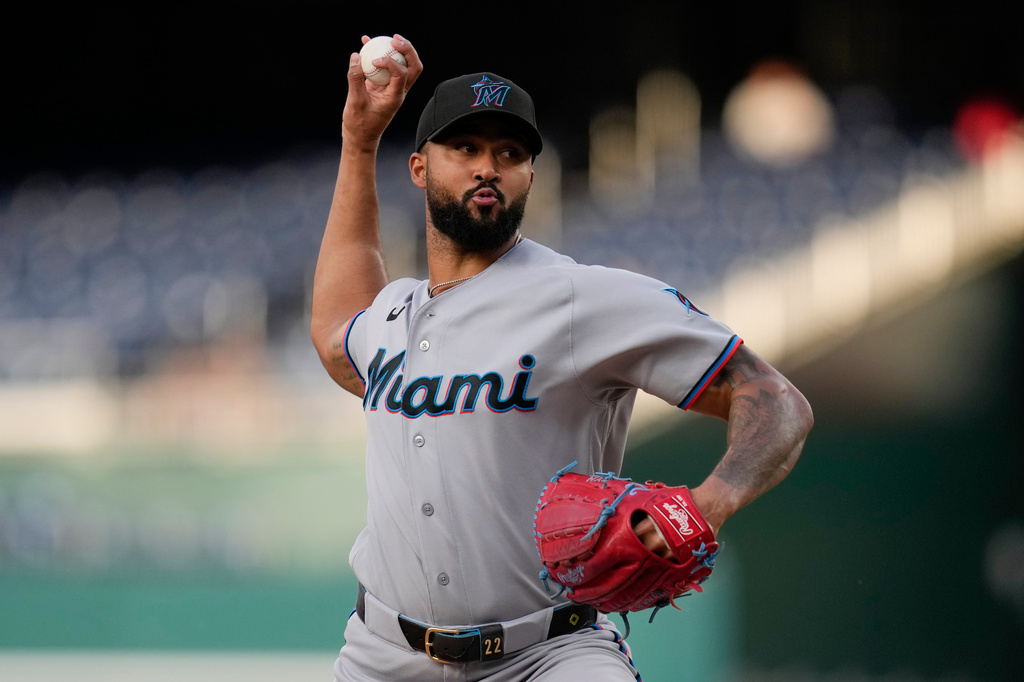 Miami Marlins starting pitcher Sandy Alcantara throws to the Washington Nationals during the first inning of a baseball game, Monday, June 1, 2026, in Washington. (AP Photo/Jess Rapfogel)