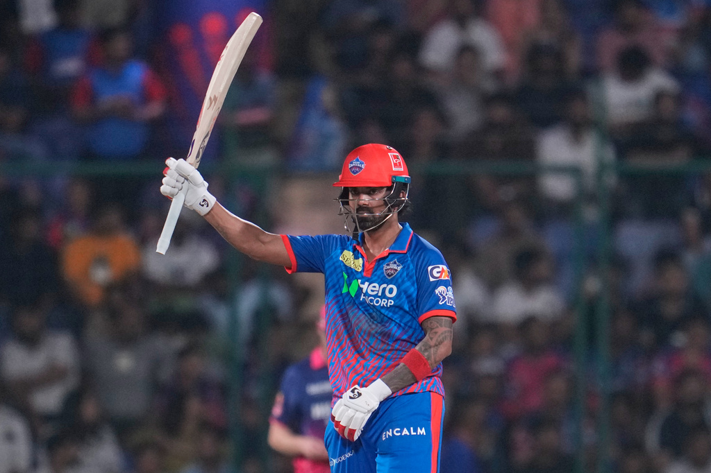 Delhi Capitals' KL Rahul celebrates his fifty runs during the Indian Premier League cricket match between Delhi Capitals and Rajasthan Royals in New Delhi, India, Sunday, May 17, 2026. (AP Photo/Manish Swarup)
