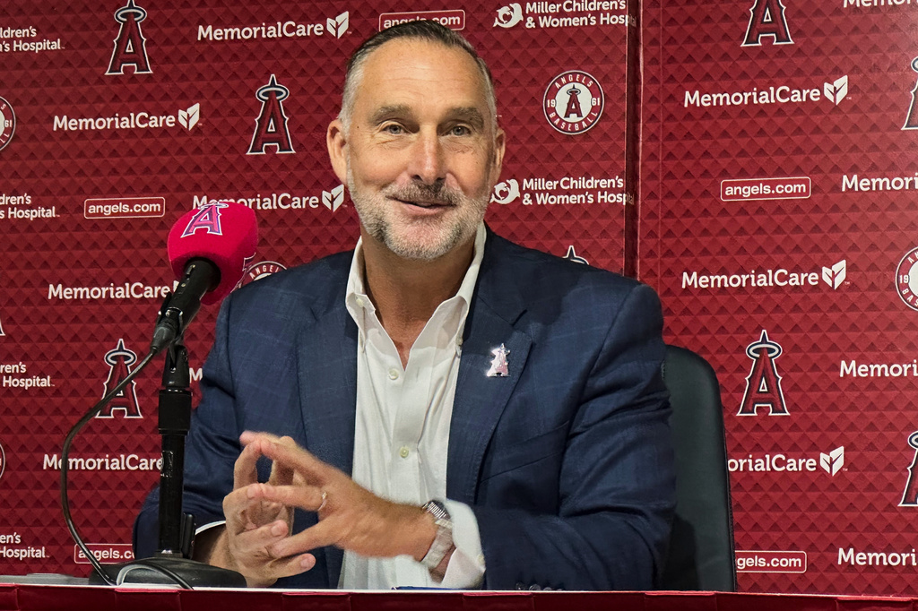 Los Angeles Angels interim general manager John Mozeliak participates in a news conference at Angel Stadium in Anaheim, Calif., on Tuesday, Aug. 11, 2026. (AP Photo/Greg Beacham)