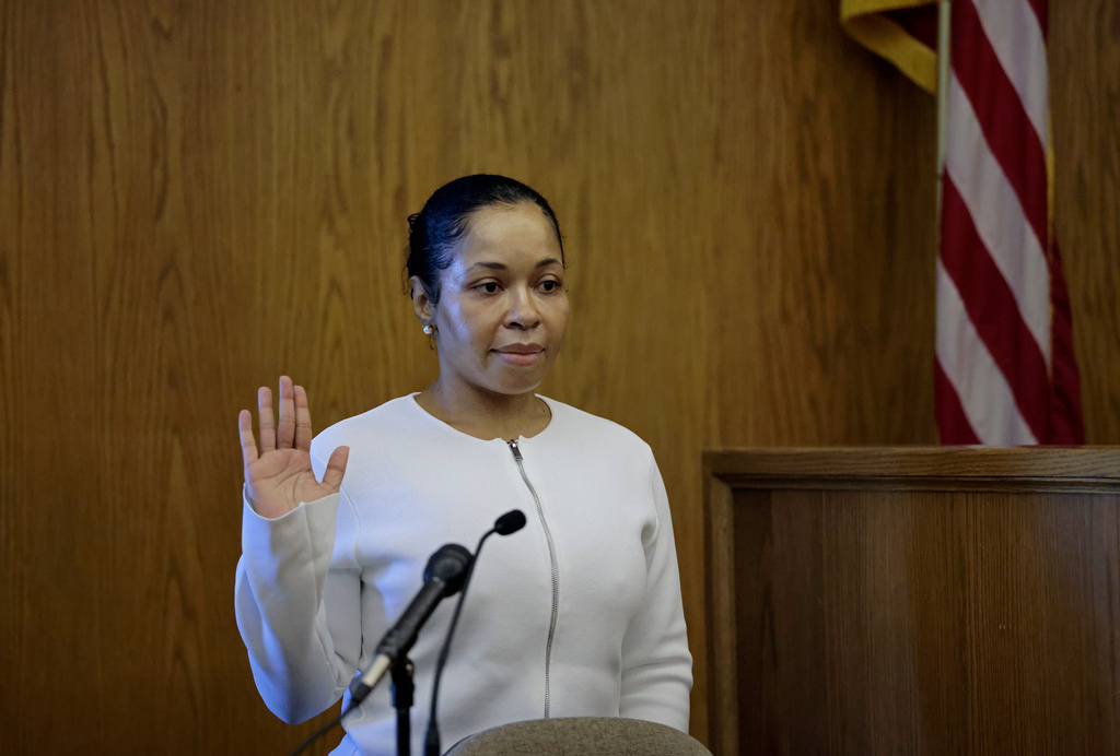 Stefon Diggs' former personal chef Jamila Adams is sworn in before giving testimony in Dedham District Court in Dedham, Mass., Monday May 4, 2026. (Pat Greenhouse/The Boston Globe via AP, Pool)