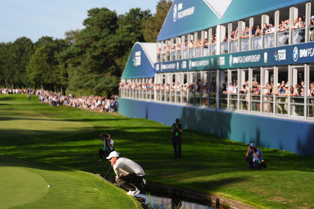 Rory McIlroy of Northern Ireland on the 18th green on day four of the PGA Championship at Wentworth Golf Club in Virginia Water, England, Sunday Sept. 20, 2026. (Adam Davy/PA via AP)