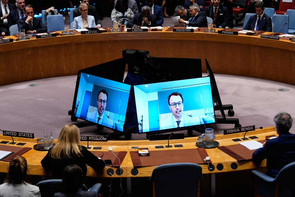 Dario Amodei, CEO of Anthropic, speaks remotely during a Security Council meeting on artificial intelligence at the 81st session of the United Nations General Assembly at United Nations headquarters, Wednesday, Sept. 23, 2026. (AP Photo/Yuki Iwamura)