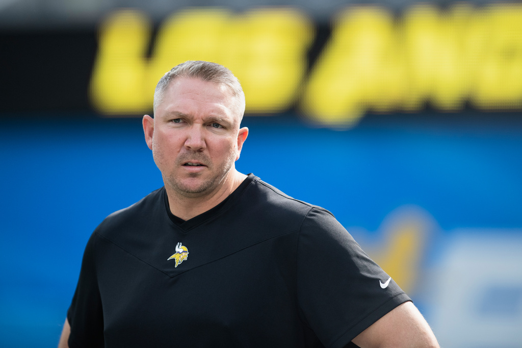 FILE - Minnesota Vikings assistant offensive line coach Ben Steele watches the players before an NFL football game against the Los Angeles Chargers, Nov. 14, 2021, in Inglewood, Calif. (AP Photo/Kyusung Gong, File)