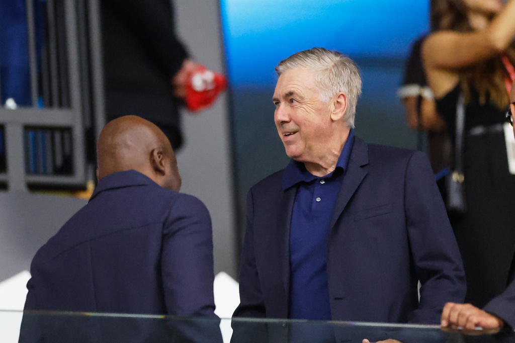 A soccer coach Carlo Ancelotti on the stands ahead of the French League One soccer match between Lille and Paris Saint-Germain, in Lille, France, Friday, Aug. 28, 2026. (AP Photo/Jean-Francois Badias)