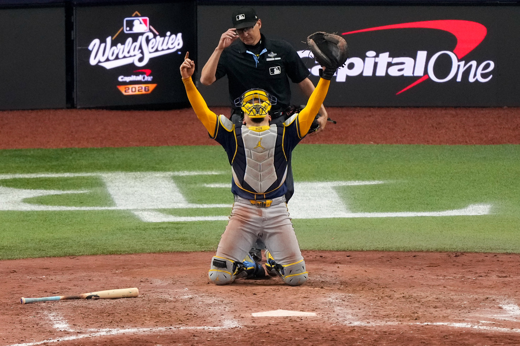 Milwaukee Brewers catcher William Contreras celebrates after winning baseball's World Series, against the Tampa Bay Rays, Wednesday, Oct. 28, 2026, in St. Petersburg, Fla. (AP Photo/Morry Gash)
