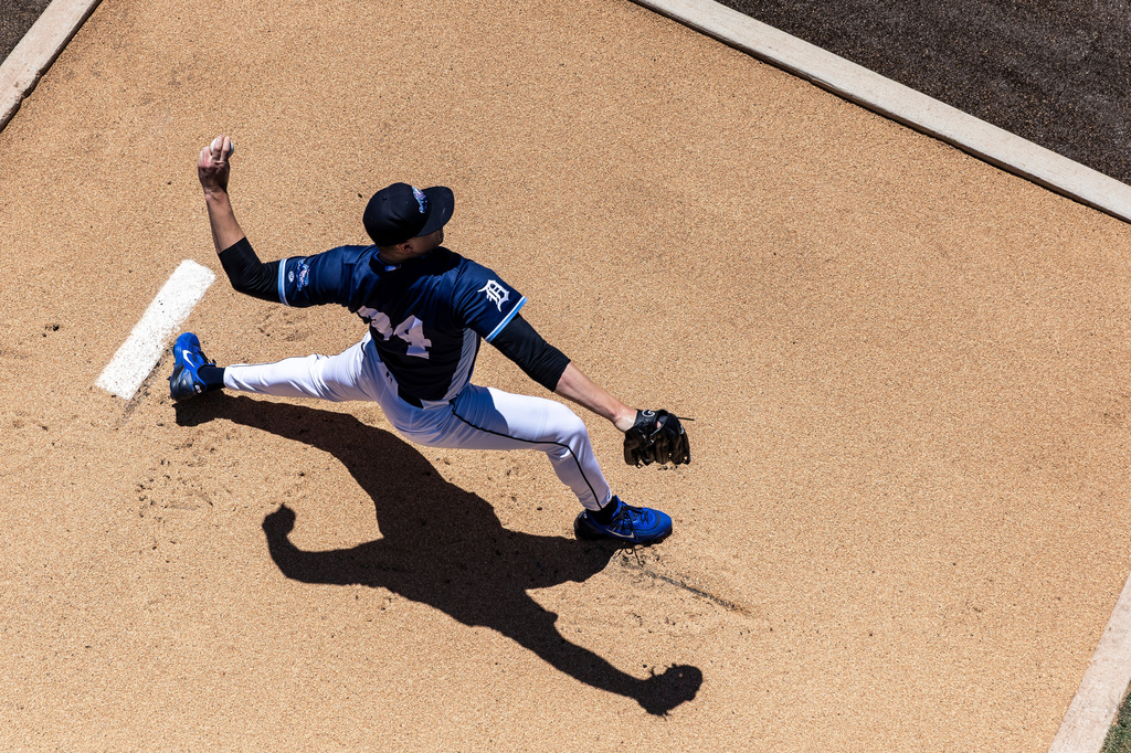 Detroit Tigers pitcher Tarik Skubal warms up in the bullpen before throwing in a rehab start for the West Michigan Whitecaps against the Dayton Dragons in Comstock Park, Mich., Sunday, June 7, 2026. (Isaac Ritchey/The Grand Rapids Press via AP)