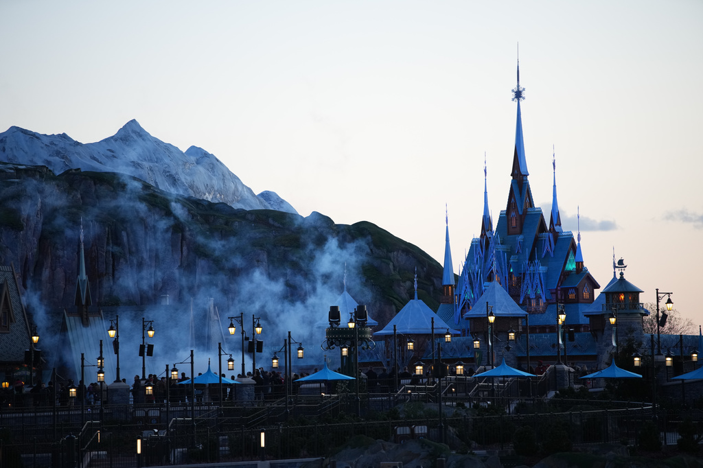 The new theme World of Frozen is pictured during its inauguration at Disneyland Paris in Marne-la-Vallee, east of Paris, Saturday, March 28, 2026. (AP Photo/Christophe Ena)