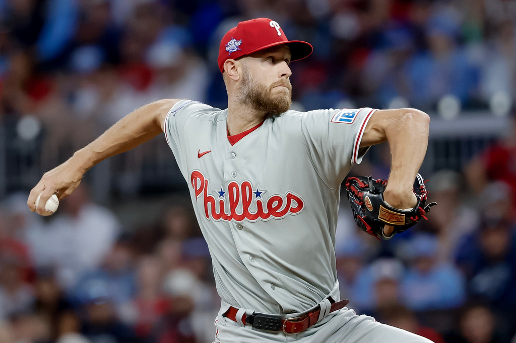 Philadelphia Phillies starting pitcher Zack Wheeler (45) delivers to an Atlanta Braves batter during the first inning of a baseball game, Saturday, April 25, 2026, in Atlanta. (AP Photo/Erik S. Lesser)