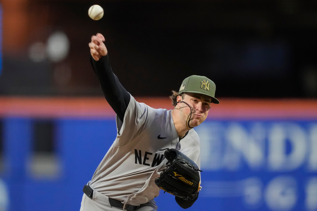 New York Yankees starting pitcher Cam Schlittler throws during the second inning of a baseball game against the New York Mets, Friday, May 15, 2026, in New York. (AP Photo/Yuki Iwamura)