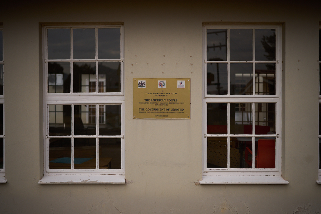 FILE - A donation plaque recognizing "The American People" hangs outside a clinic in Thaba-Tsoeu, Lesotho, July 13, 2025. (AP Photo/Bram Janssen, File)