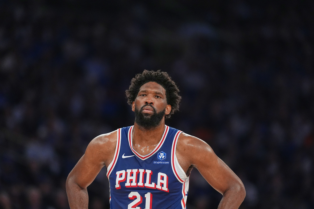 FILE - Philadelphia 76ers' Joel Embiid reacts during the first half of Game 1 in a second-round NBA basketball playoffs series against the New York Knicks Monday, May 4, 2026, in New York. (AP Photo/Seth Wenig, File)