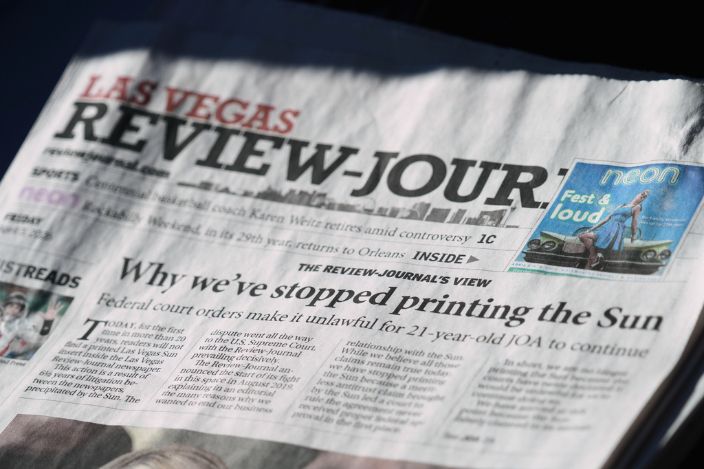 The front page of the Las Vegas Review-Journal is shown Friday, April 3, 2026, in Las Vegas (AP Photo/Ty Oneil)