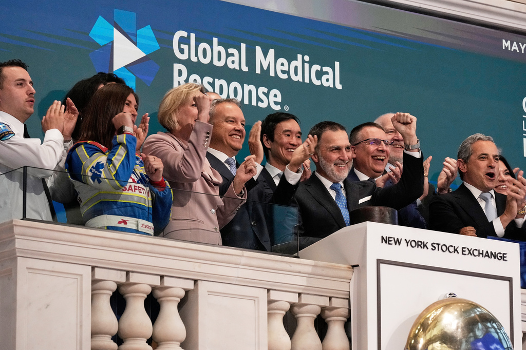 GMR Solutions, Inc. Board Chair & CEO Nick Loporcaro, second from right, ring the New York Stock Exchange opening bell, Wednesday, May 13, 2026. (AP Photo/Richard Drew)