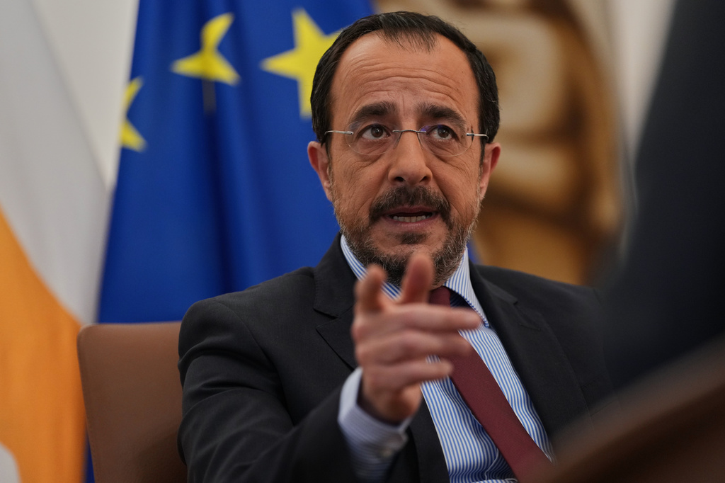 Cypriot President Nikos Christodoulides gestures as he speaks during an Associated Press interview ahead of this week's major EU-Middle East summit, at the presidential palace in the capital Nicosia, Cyprus, Tuesday, April 21, 2026. (AP Photo/Petros Karadjias)