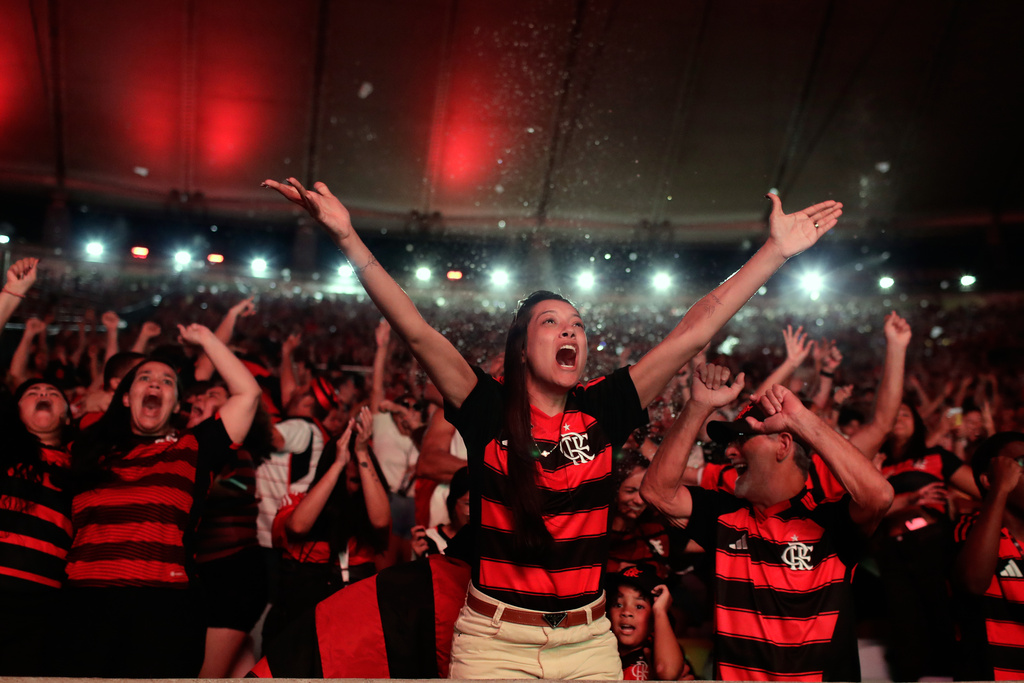 Fans of Brazil's Flamengo celebrate a goal as they watch the Copa Libertadores final soccer match against Brazil's Palmeiras, being played in Lima, Peru, on a giant screen set up at Maracana stadium in Rio de Janeiro, Saturday, Nov. 29, 2025. (AP Photo/Bruna Prado)