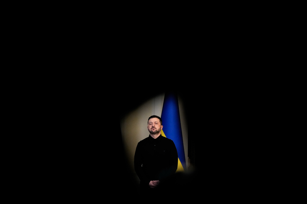 Ukraine's President Volodymyr Zelenskyy listens as High Representative of the European Union for Foreign Affairs and Security Policy Kaja Kallas speaks during a news conference, Monday, Oct. 13, 2025, in Kyiv, Ukraine. (AP Photo/Julia Demaree Nikhinson)