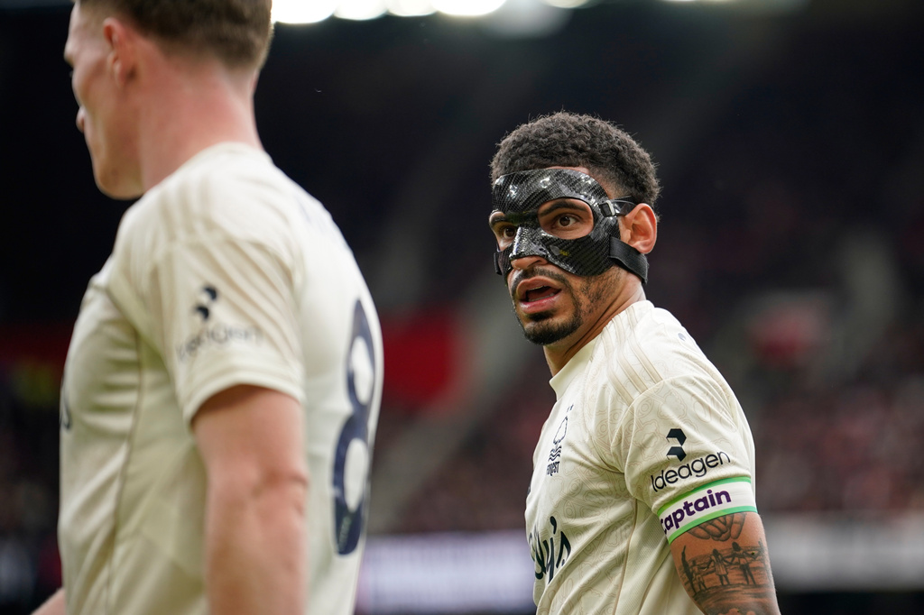 Nottingham Forest's Morgan Gibbs-White during the English Premier League soccer match between Manchester United and Nottingham Forest in Manchester, England, Sunday, May 17, 2026. (AP Photo/Dave Thompson)