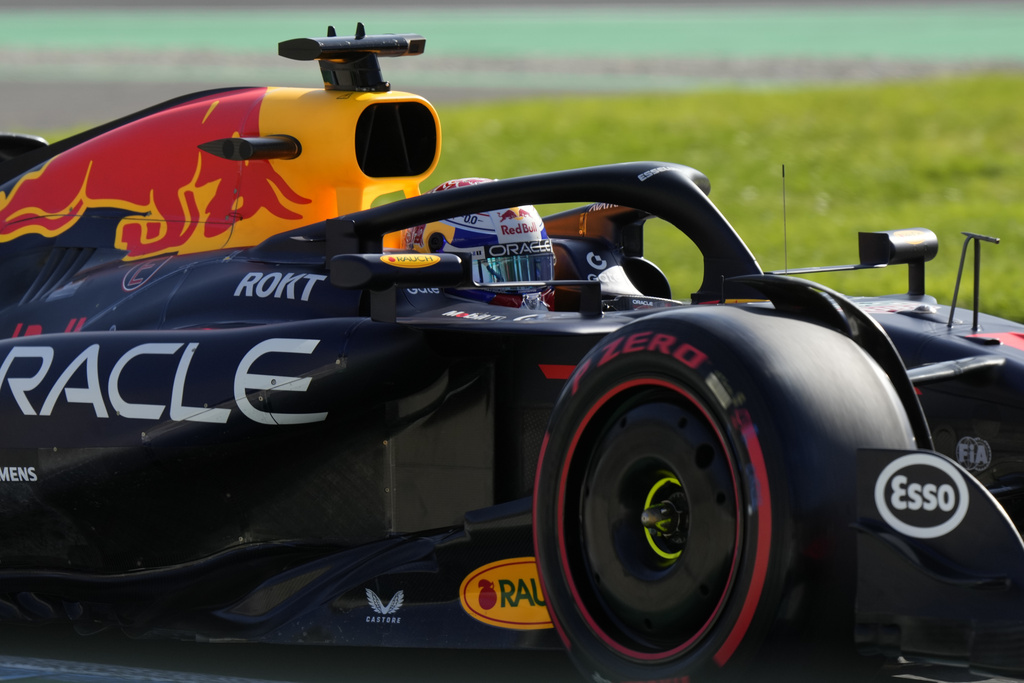 Red Bull driver Max Verstappen of the Netherlands steers his car during the qualifying session ahead of the Italian Grand Prix at the Monza racetrack in Monza, Italy, Saturday, Sept. 6, 2025. (AP Photo/Luca Bruno)