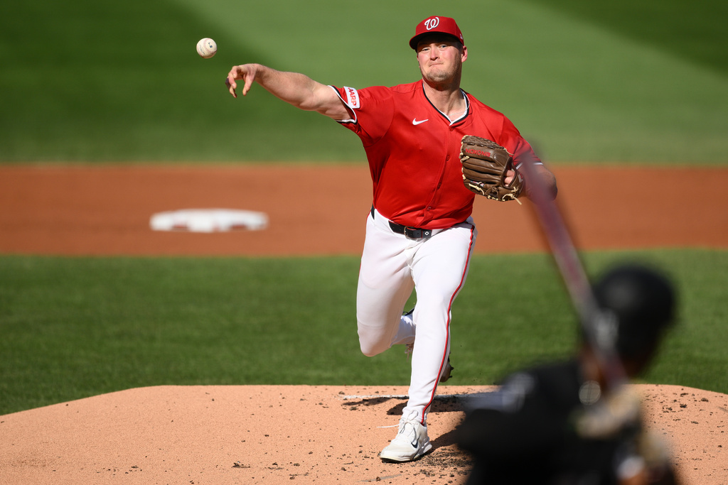 Washington Nationals starting pitcher Brad Lord throws during the second inning of a baseball game against the Chicago White Sox, Sunday, Sept. 28, 2025, in Washington. (AP Photo/Nick Wass)