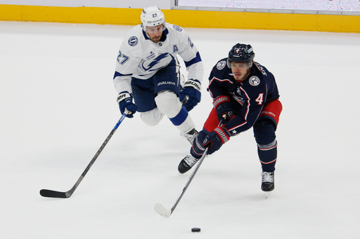 Columbus Blue Jackets' Cole Sillinger, right, looks for an open pass as Tampa Bay Lightning's Ryan McDonagh defends during the second period of an NHL hockey game Saturday, Oct. 18, 2025, in Columbus, Ohio. (AP Photo/Jay LaPrete) Columbus Blue Jackets' Cole Sillinger, right, looks for an open pass as Tampa Bay Lightning's Ryan McDonagh defends during the second period of an NHL hockey game Saturday, Oct. 18, 2025, in Columbus, Ohio. (AP Photo/Jay LaPrete)