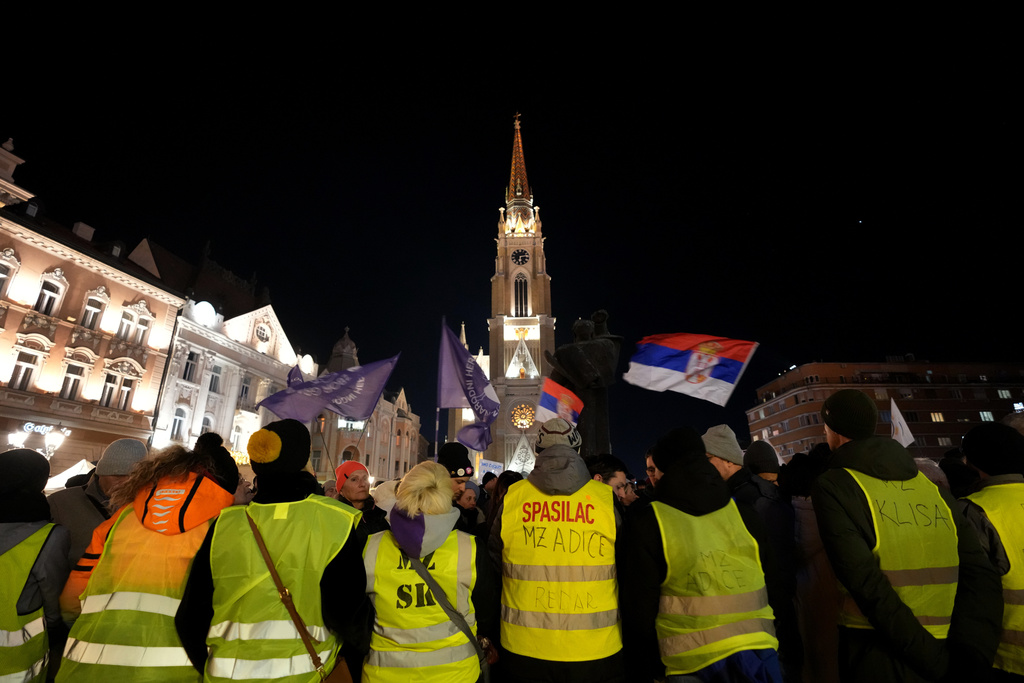 People attend a protest led by university students, against corruption, in Novi Sad, Serbia, Saturday, Jan. 17, 2026. (AP Photo/Darko Vojinovic)
